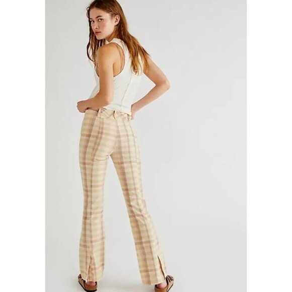 Free People Plaid Flare Pants Womens 0 Linen Blend Low Rise Retro Hippie Boho - Picture 1 of 16
